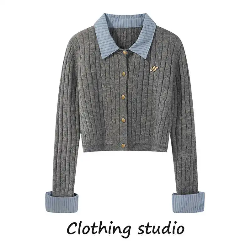 

ay Ne Long Sve Knitted Top Women's Early Autumn College Sle Simple ort Embroidered irt Slim Fit Two-Piece Look