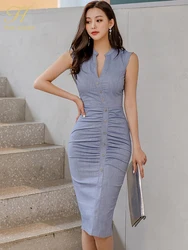 H Han Queen vendita calda Office Lady Pencil Dress Summer stretto scollo a v senza maniche decorativo monopetto pieghe abito elegante