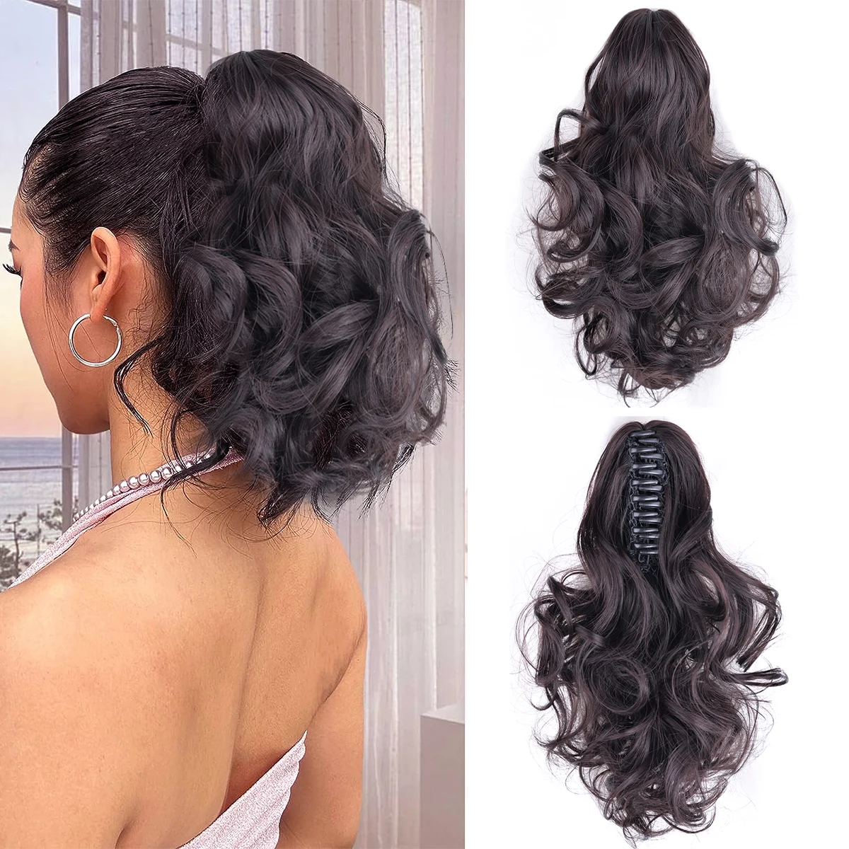 Synthetic Claw Clip Ponytail Hair Extensions Short Curly Natural Tail False Hair For Women Horse Tail Black Hairpiece Daily Use