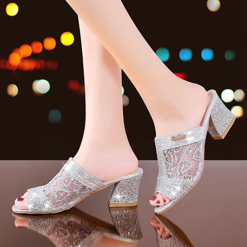 

2022 New Open Toe Sandals Ladies High Heels Lace Dress Shoes Square Heel Comfortable Sequins Summer Fashion Party Slippers 2023