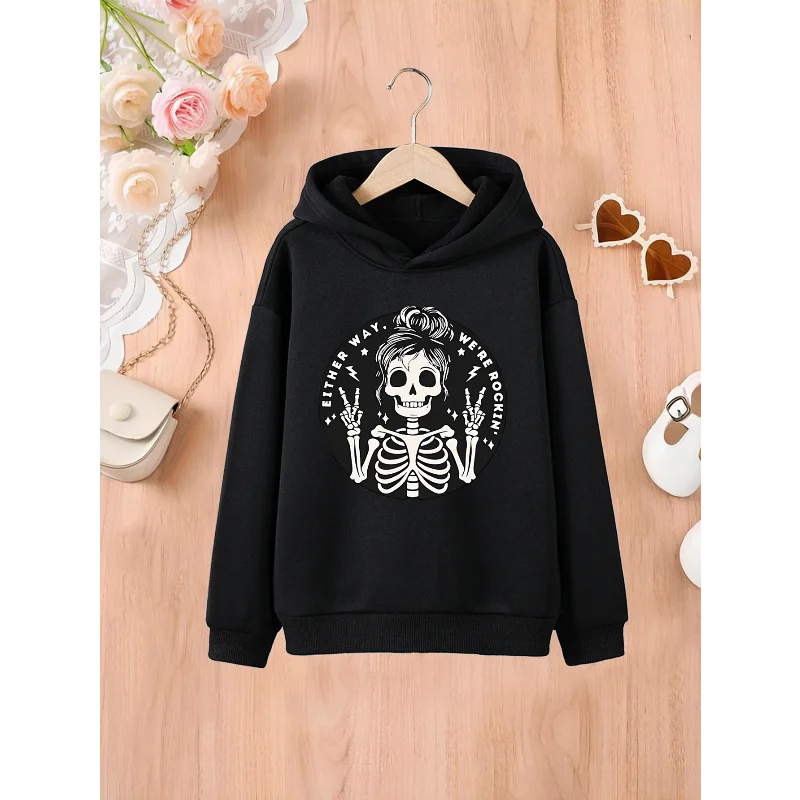 

Cartoon Skull with Scissorhands Print Hooded Sweatshirt, Casual Slightly Stretch Long Sleeve Hoodies