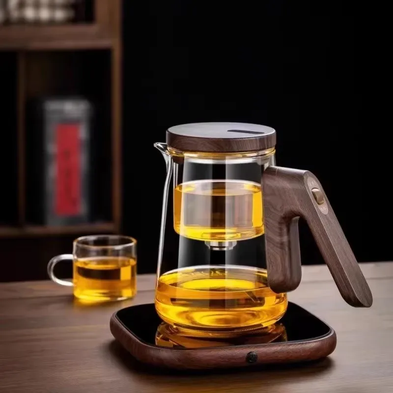 Elegant and Functional Glass Teapot with Heat-resistant Magnetic Suction Cup Separation and One-button Filter for Brewing Tea