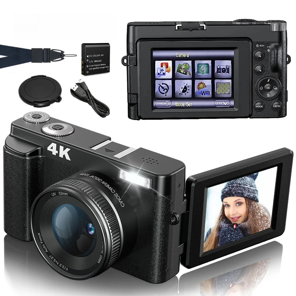 4K 48MP Compact Vlogging Camera, Autofocus Anti-Shake, 3 Inch 180° Flip Screen with Flash, for Photography & Video