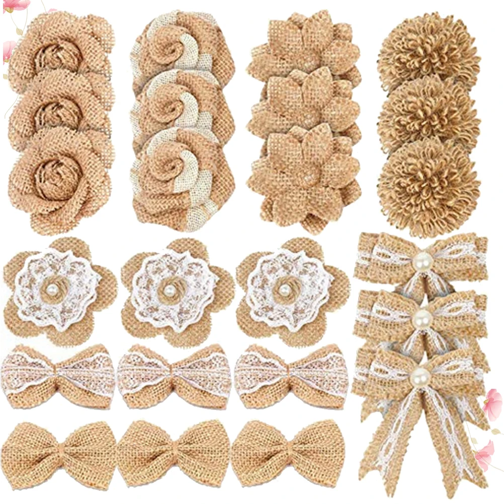 

Pcs Natural Jute Flower Bow Decor Handmade Lace Pattern Wedding Party Diy Craft Festival Burlap Decoration Burlap Flower Jute