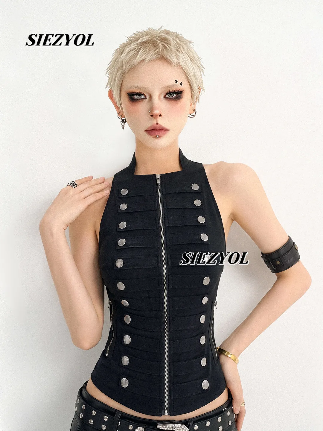American Punk Style Outer Wear Double-breasted Sleeveless Vest Sweet Cool Female Black Zipper Slim Fit Sexy Hottie Tank Tops