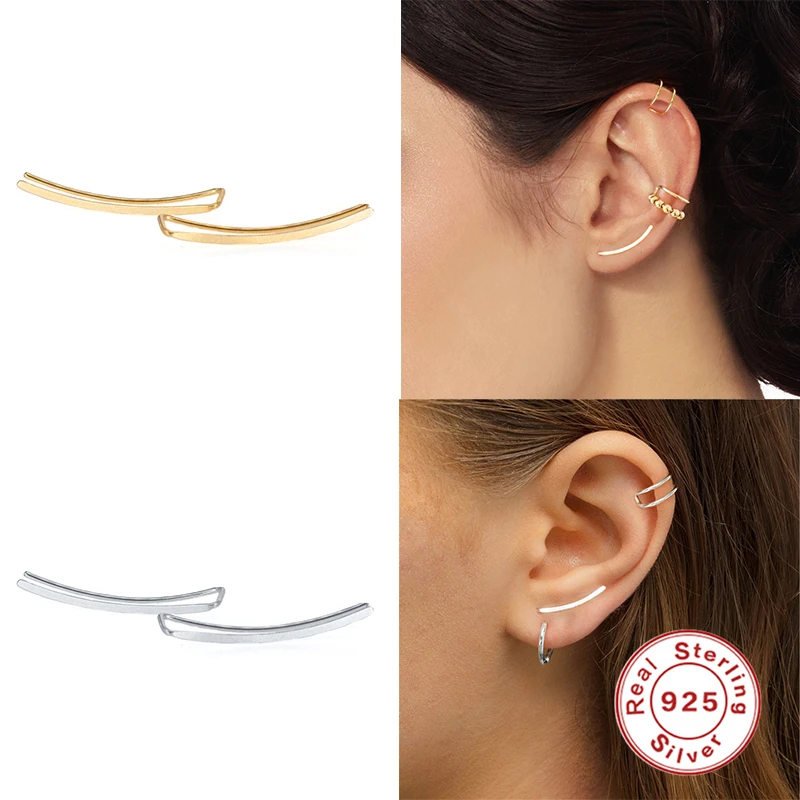 

CANNER 925 Sterling Silver Stud Earrings For Women Smooth Long Line Earring Minimalist Ear Piercing Jewelry kolczyki damskie