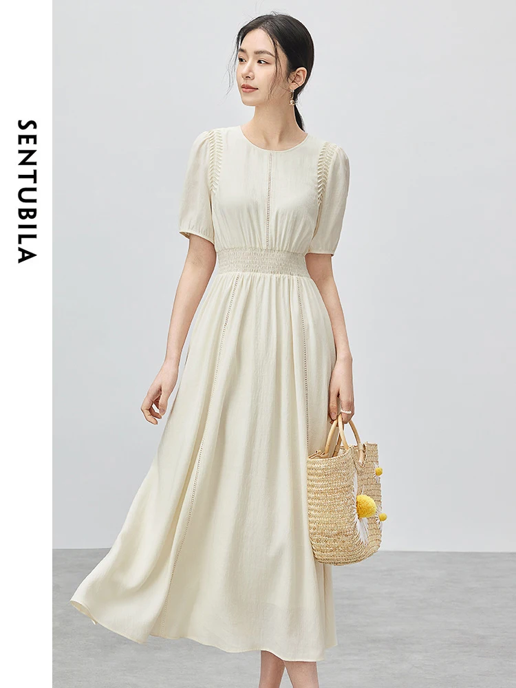 

Sentubila Round Neck Puff Sleeve Pullover Dress Women 2024 Summer Apricot Elegant A-line Midi Dresses Female Clothing 142L54542