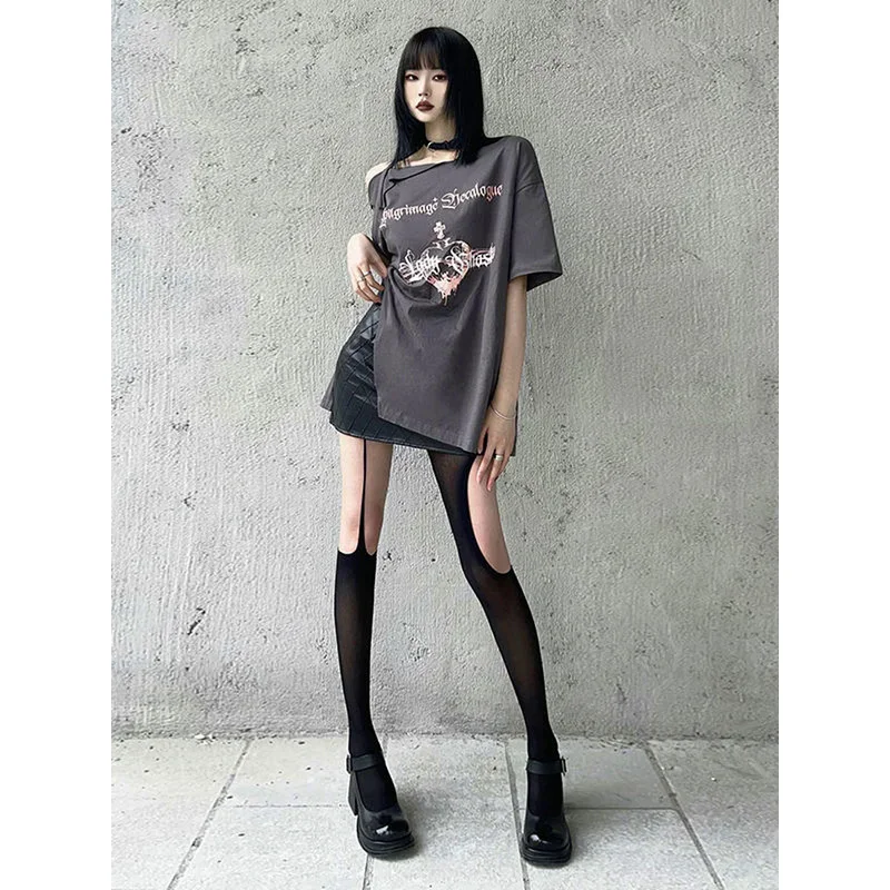 KOSAHIKI Y2k Aesthetics Off Shoulder T-shirt Japanese Harajuku Fairycore Printed Punk Tops Irregular Grunge Streetwear Tee Shirt