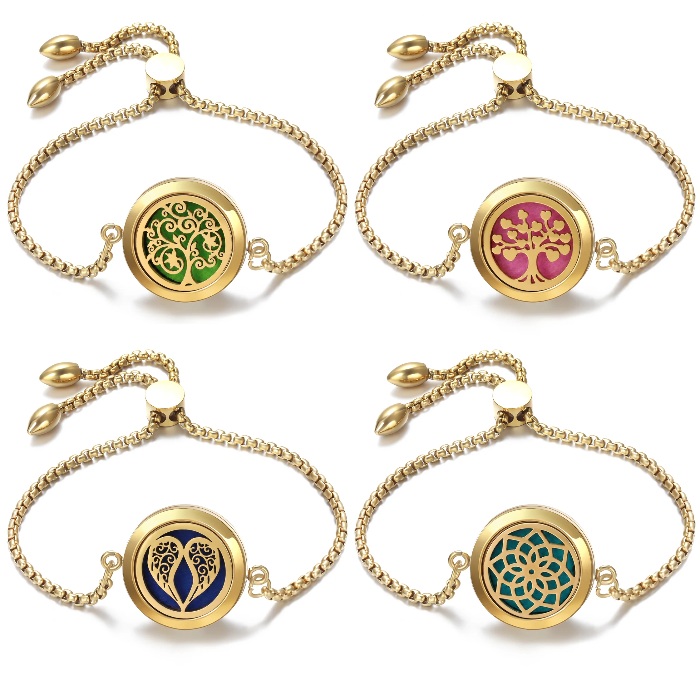 Golden Tree of Life Stainless Steel Aromatherapy Adjustable Bangle Essential Oil Diffuser Angel Wings Lockets Bracelet Jewelry