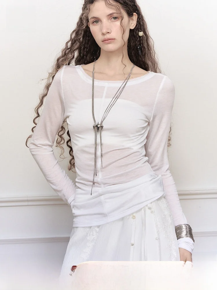 

Женская тонкая летняя футболка Slim Fit с длинным рукавом из лиоцелла, повседневная, с круглым вырезом, для защиты от солнца, бренд AnnoMundi