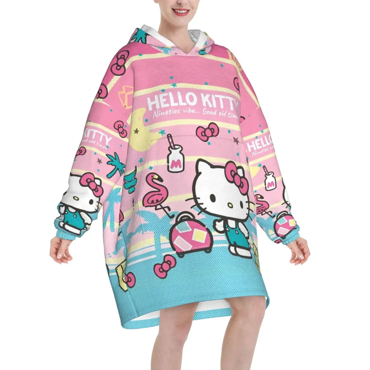 Kawaii Hello Kitty Oversized Blanket Hoodie for Women Sweatshirt Long Fleece Hooded Wearable Blanket with Large Pocket