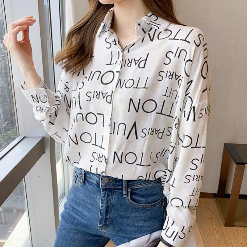 Spring Autumn New Turn-down Collar Fashion Long Sleeve Shirt Women High Street Casual Letter Printing Blouse Elegant Button Tops