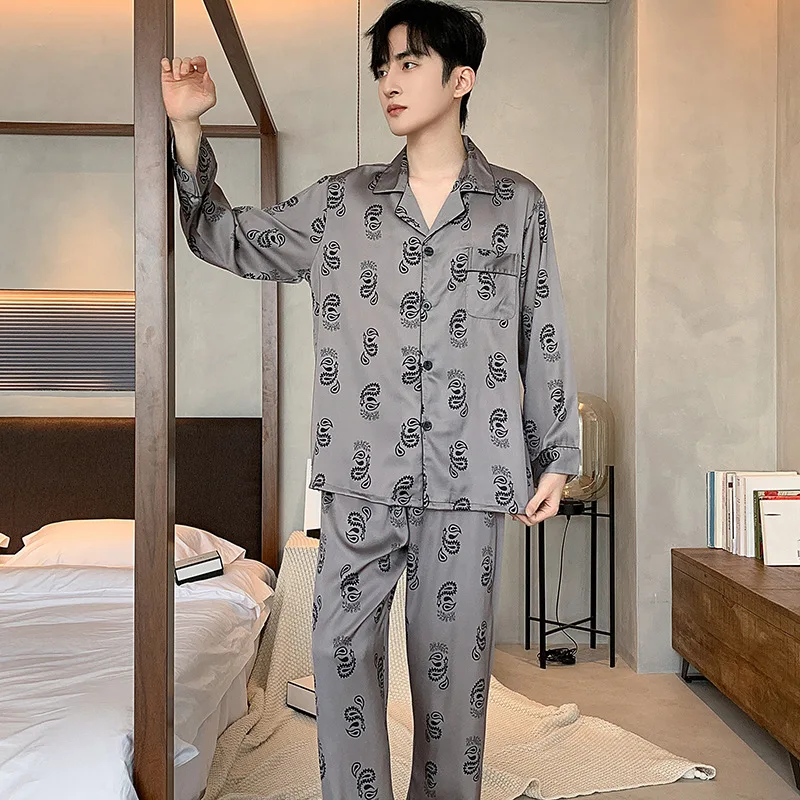 High Quality Satin Pajamas Suit Men Spring Autumn Ice Silk Long Sleeve Sleepwear Set Summer 2024 Comfy Classic Nightcloth Male