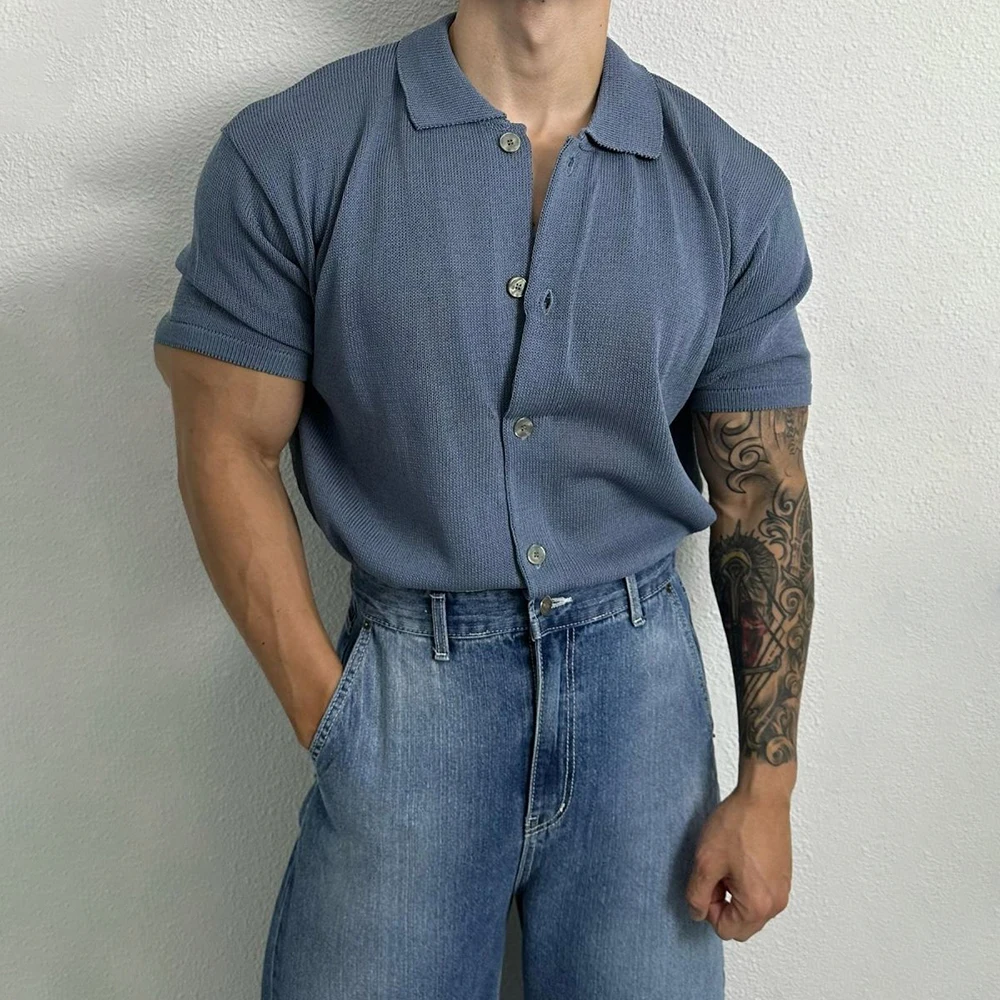 Mens Basic Simple Casual Short-Sleeve Knitted Shirt Genderless Thin Comfortable Solid Color Versatile Knitted Top Unisex