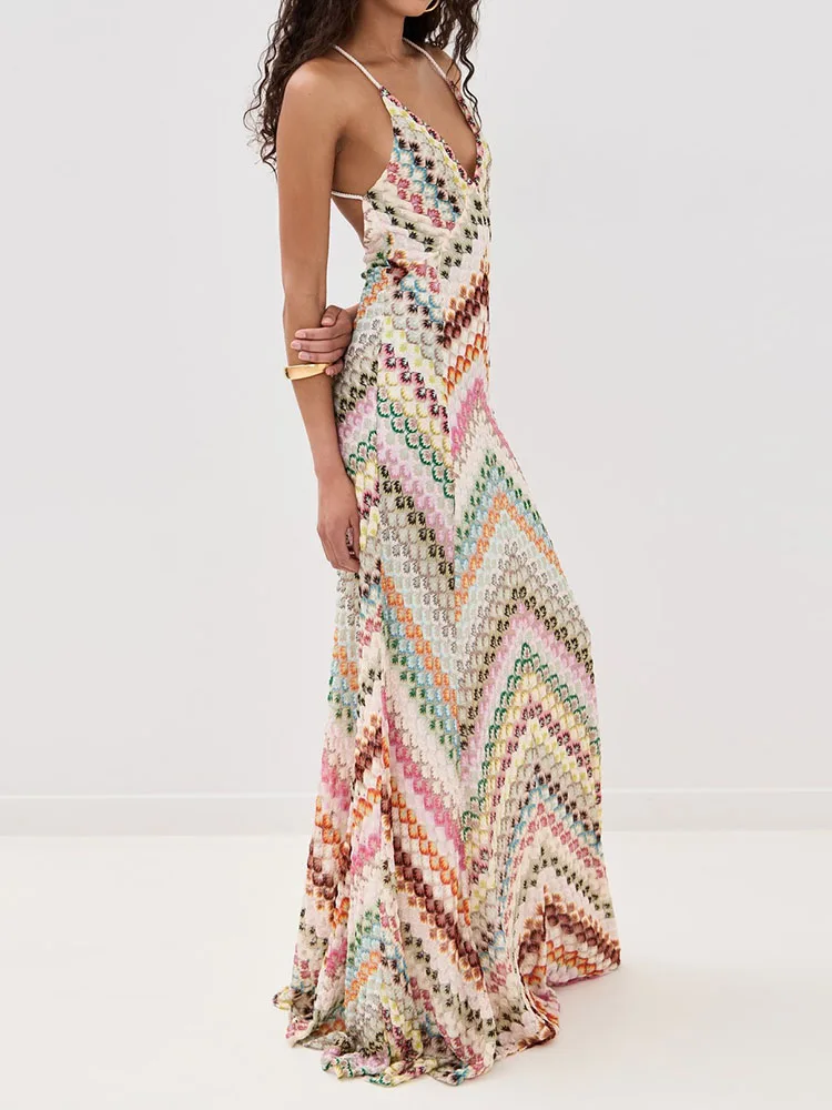 Vakantie spaghettibandje eenvoudige feestjurk, dames zomerprint backless sexy maxi-jurk, 2025, diepe v-hals chique damesjurk - afbeelding 2