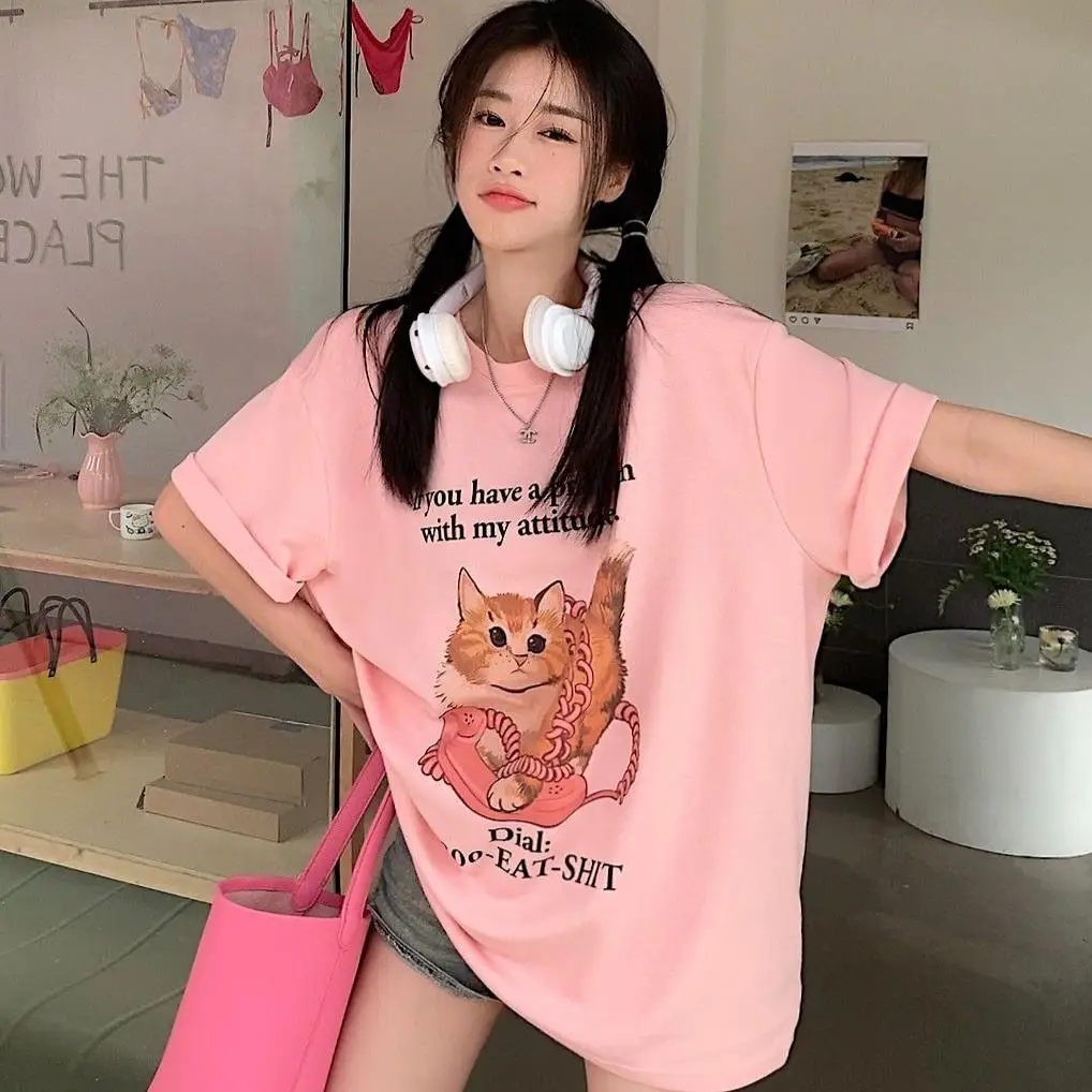 

Summer Casual Oversized T Shirt Pure Cotton Short Sleeve T-shirts Women Harajuku Cute Cartoon Cat Print Pink Y2k Tops Streetwear