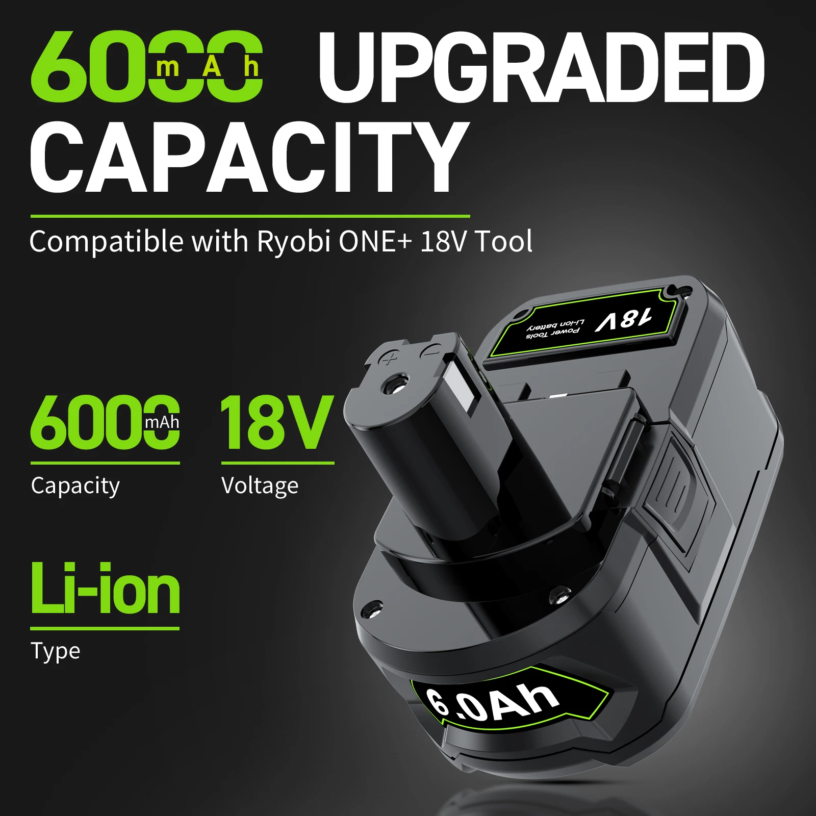 High Capacity 6.0ah 18V for Ryobi P108 Li-ion Battery Replacement P108 P102 P103 P104 P107 BPL1820 RB18L50 Power Tool Baterry
