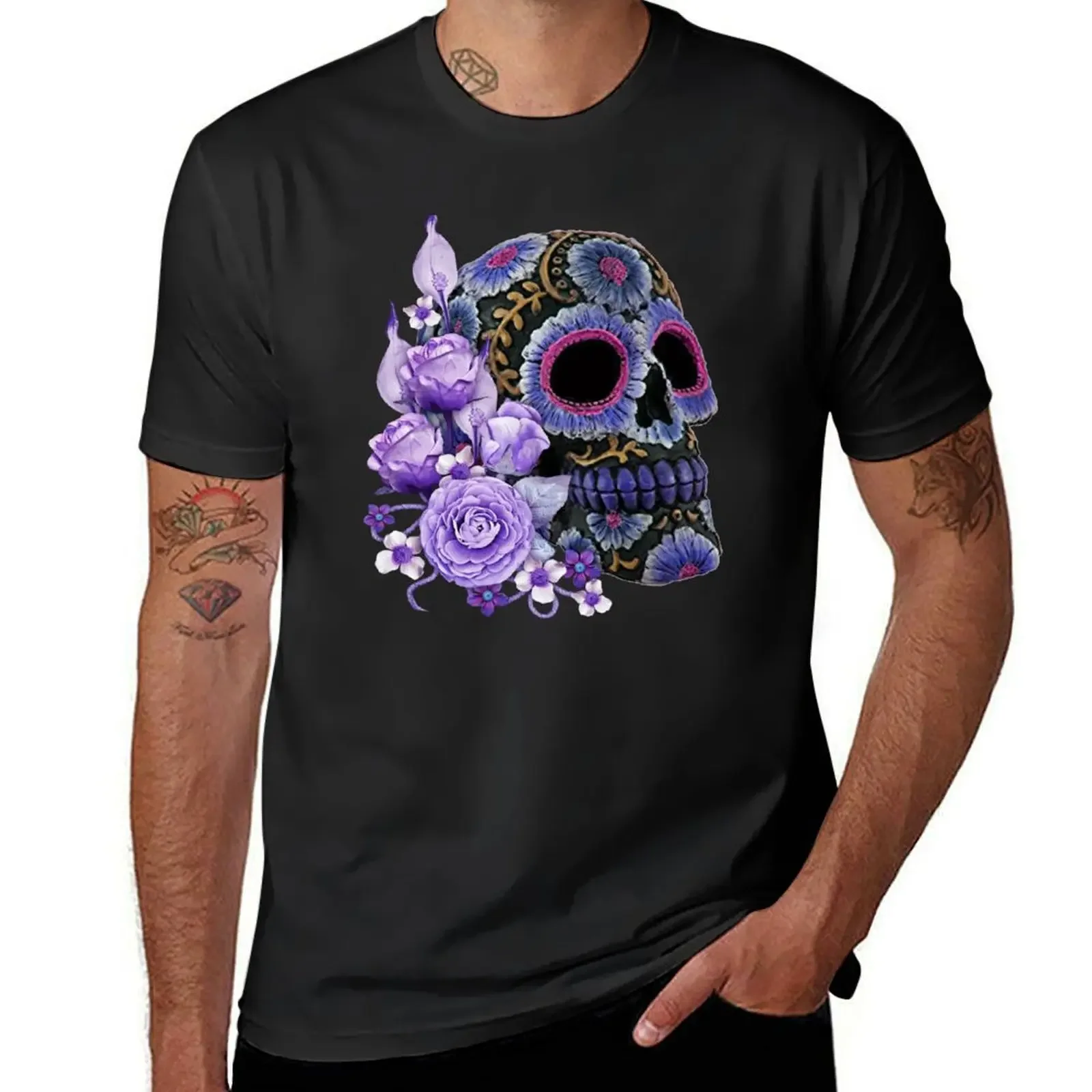 

Purple Floral Black Sugar Skull Day Of The Dead T-Shirt anime t shirts graphic t shirt vintage funny t shirts for men