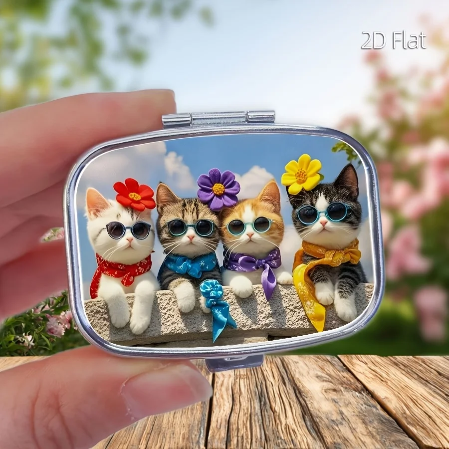 Flat Design, 1 Cute Cat-Patterned Pill Container with Two Separate Compartments for Storing Medication, Suitable for Home Use, Travel, or as a Unique Accessory for Gifting and Packaging.