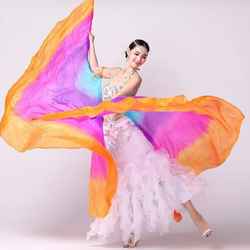 100% Silk Oriental Dance Silk Veils Pair Isis Wings With Stick No Stick Stage Performance Props Tie Dye Half Circle Photography