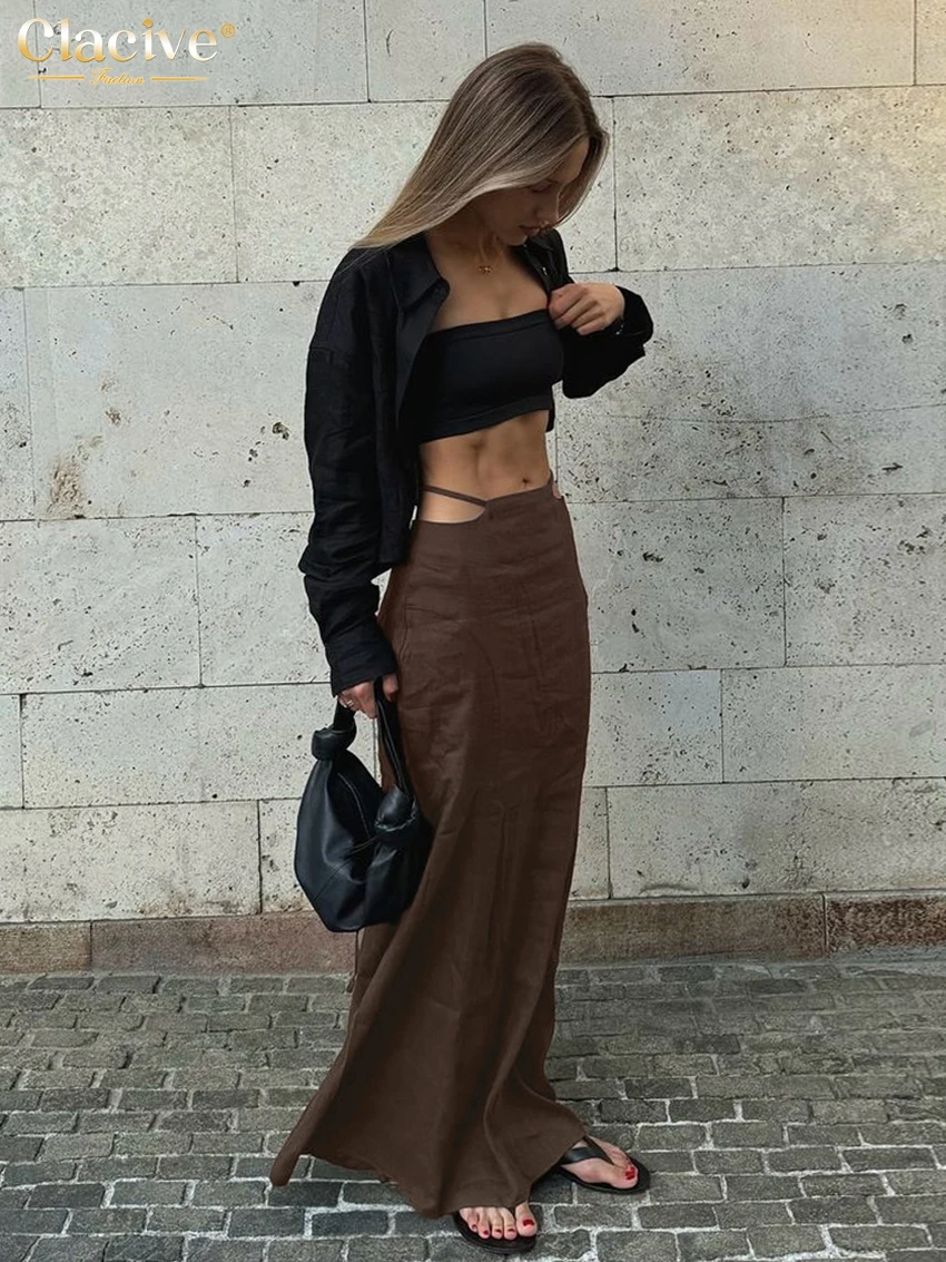 Clacive Fashion Loose Brown Cotton Women Skirt 2025 Sexy High Waist Maxi Skirts Elegant Classic Hollow Out Skirt Female Clothing