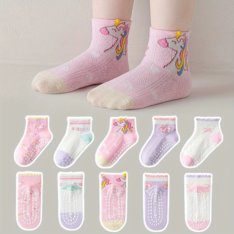 5 Pairs of Kidsren's Floor Socks with Lace Glue, Heart Unicorn Pattern Baby Toddler Soft-Soled Shoes Rainbow Pony Mid-Calf Socks