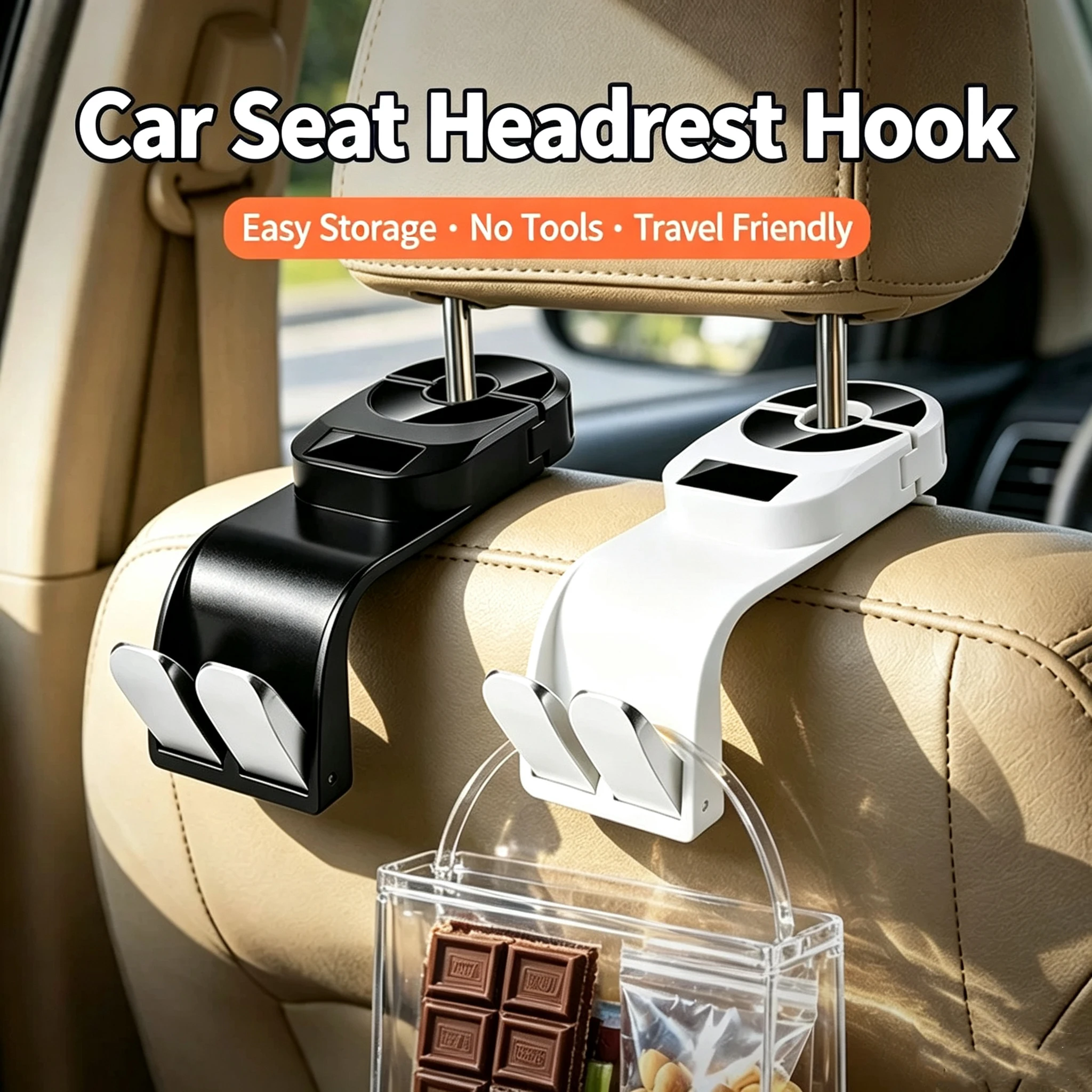 Car Seat Backrest Multifunctional Rotatable Rear Seat Backrest In-Car Accessory Automatic Rebound Practical Double Hooks
