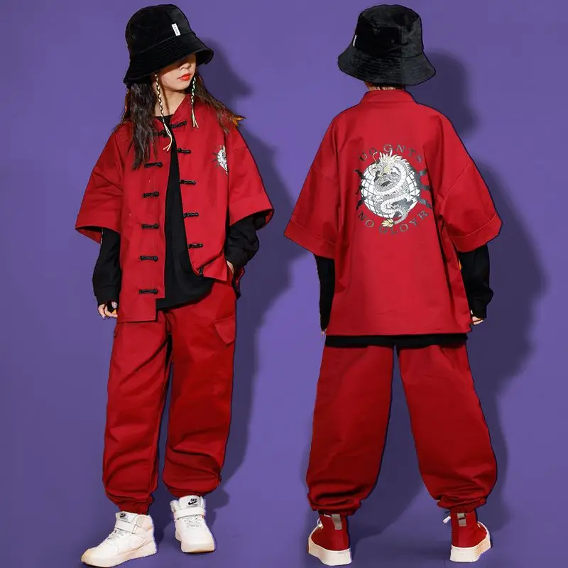 Kid Chinese Tradition Wine Red Red Kung Fu Tang Suit Shirt Casual Jogger Pants for Girl Boy Hip Hop Jazz Dance Costume Clothes