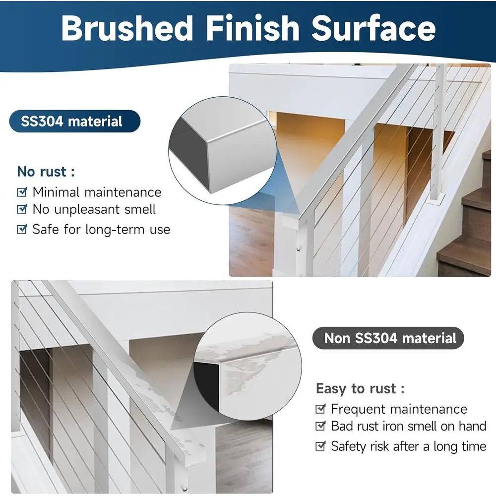 درابزين مصقول من الفولاذ المقاوم للصدأ T304، عبوتان من درابزين كابلات مستطيلة، حاجز علوي مسطح مع أغطية نهاية معدنية للداخلية والخارجية