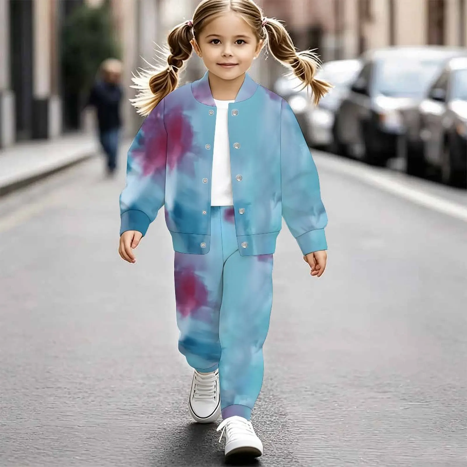Retro Fashion Girls 2 Pieces Print Long Sleeve Coat + Sport Pants for Vacation and Daily Wear