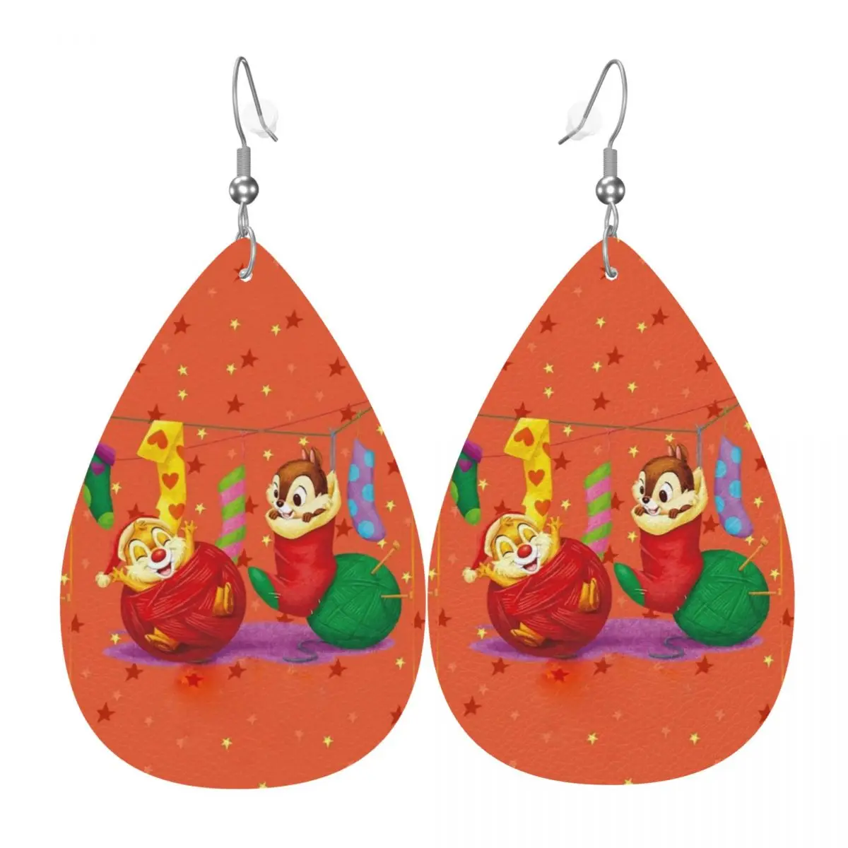 Custom Funny Cartoon Chip And Dale Leather Teardrop Earrings for Women Leather Earrings Fashion Lightweight for Parties Holidays