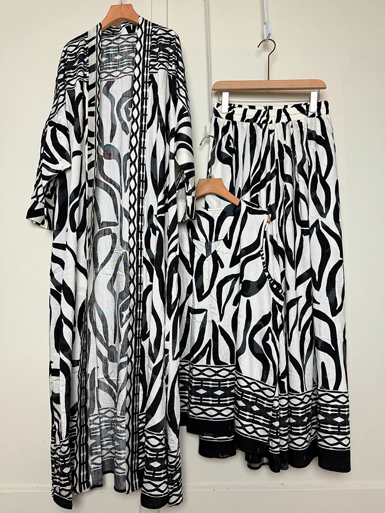 

Осень 2021, женский длинный кардиган в стиле ретро с геометрическим принтом, комплект из трех предметов + пуловер, жилет + свободные брюки, юбка, модный комплект