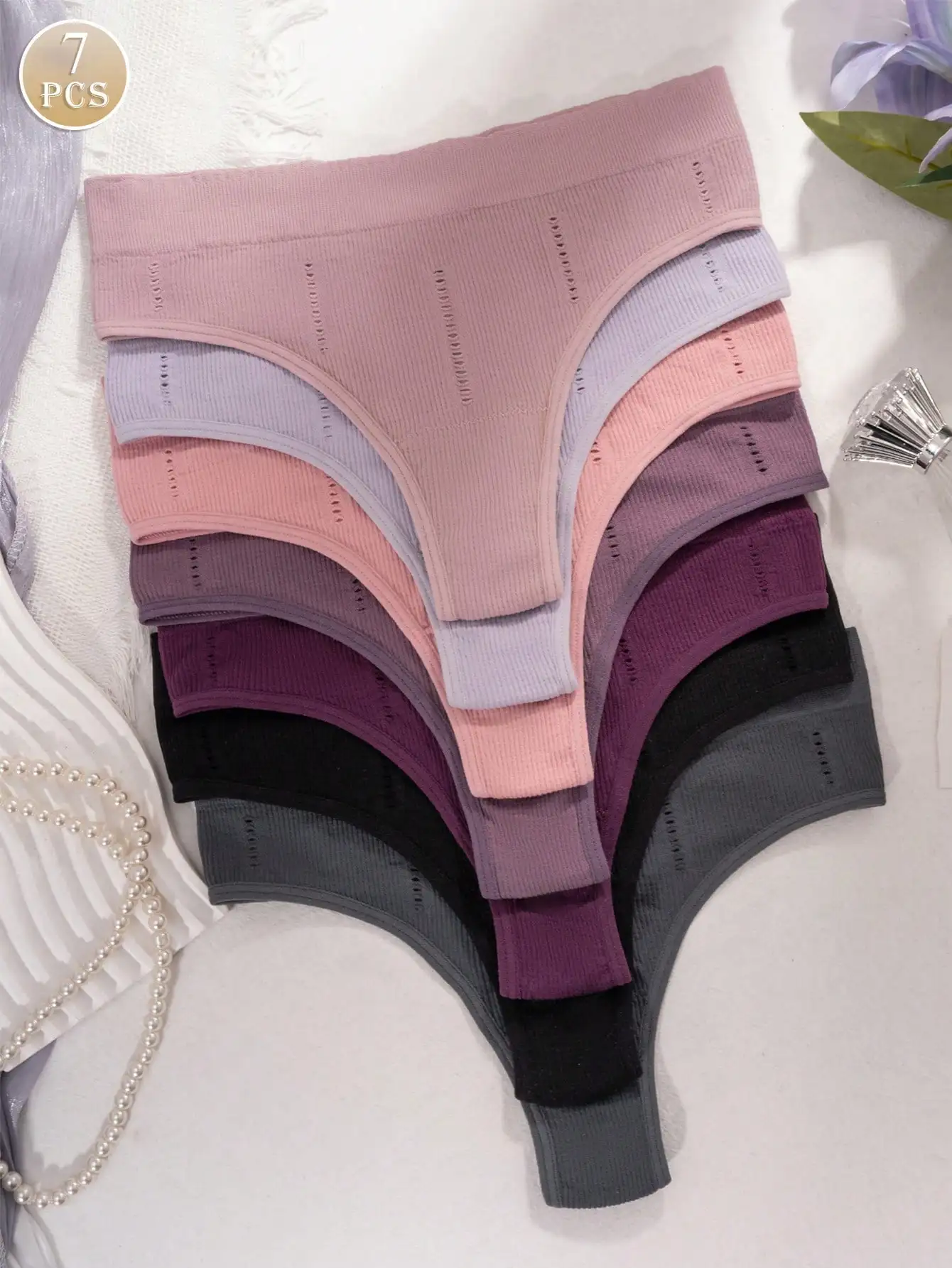 7 Pcs Women Ribbed Hollow Out Thong Underwear Mid Waist Breathable Stretch No Show Ladies G-string Panties Multi Purple Tone Set
