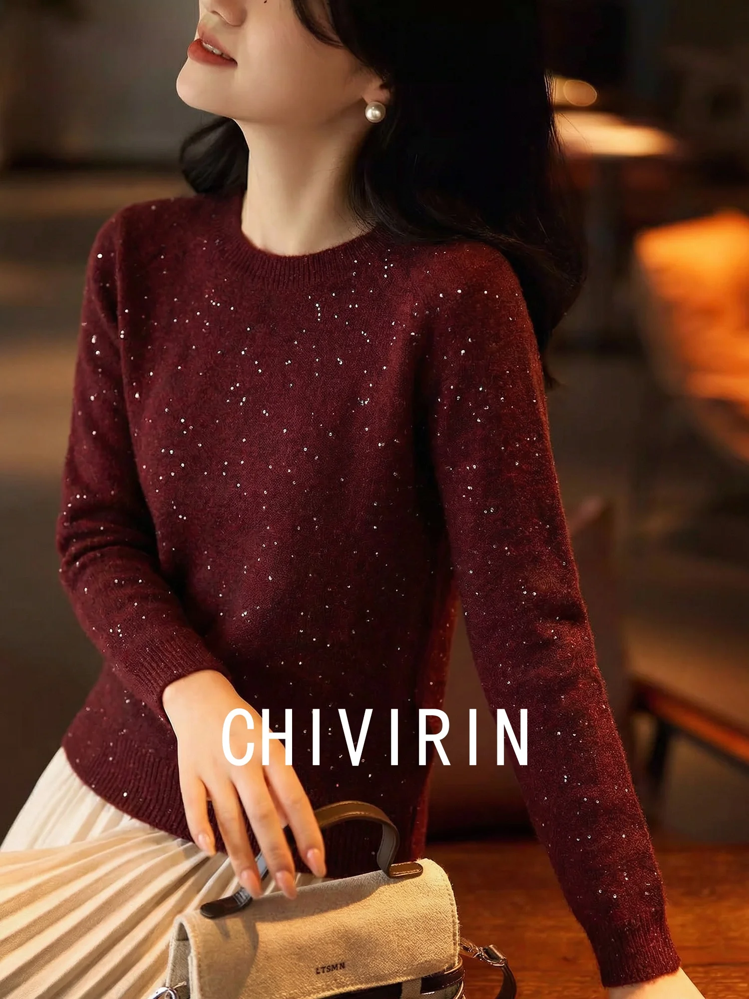 

Chivirin Women's round Ne Knitted Sweater iny Sequins Loose Fit Versatile Sle Casual Faion Spring New Year Design