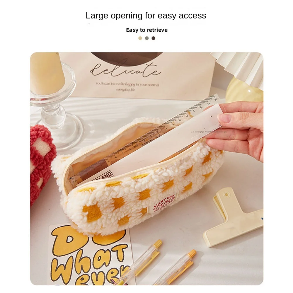 INS Style Plush Plaid Pencil Case Soft Quilting Seam Student Stationery Bag Large Capacity Stationary Storage Pouch