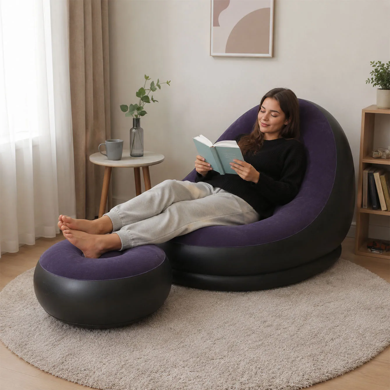 1PC Inflatable Sofa Lounge Chair, Folding Portable Lazy Sofa with Footstool, Inflatable Furniture Without Pump for Living Room