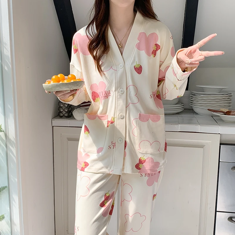 Kimono V-neck Women Pajamas Set Spring New Fashion Woman Sleepwear Casual Long Sleeves Pijamas M-3XL Lady Nightwear Pjs