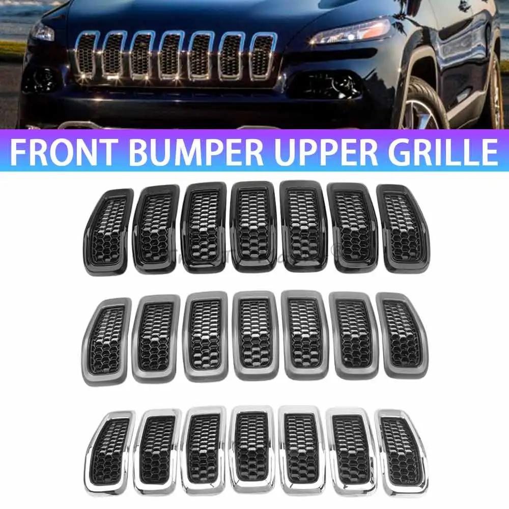 

Хромированный/черный, 7 шт., верхняя решетка переднего бампера, вставки, защитная накладка, замена ABS для Jeep Cherokee 2014-2018, автомобильные аксессуары