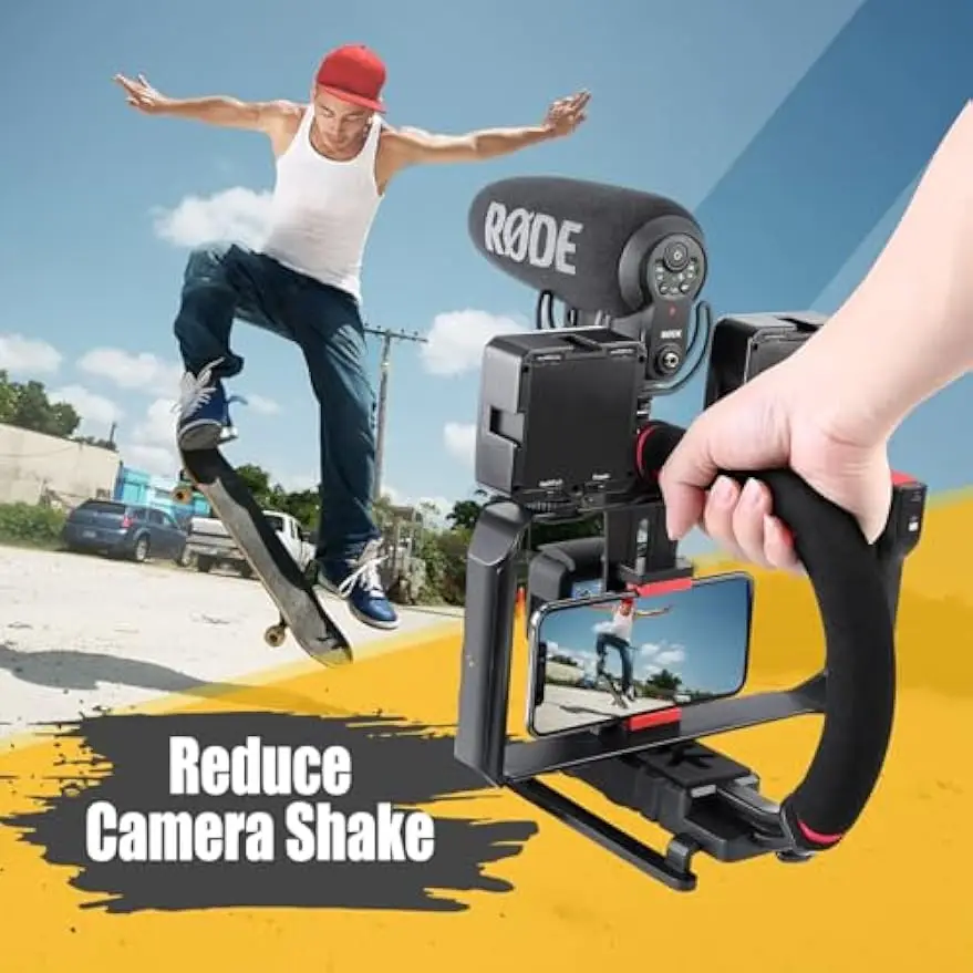 Universal Camera Stabilizer with Smartphone Cage, Triple Cold-Shoe Grip for All Cameras and Action Sports