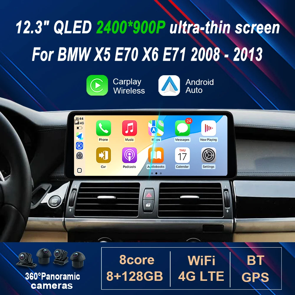 2400*900P for BMW X5 E70 X6 E71 2008 - 2013 12.3' Ultra-thin Android 16 Car Radio Video Multimedia Player Wireless Carplay GPS