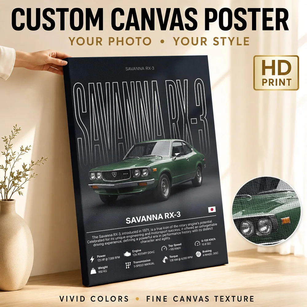 Japanese Savanna RX-3 Car Canvas Poster Personalized Photo Large Lettering With Technical Data Wall Art For Auto Shop Reception