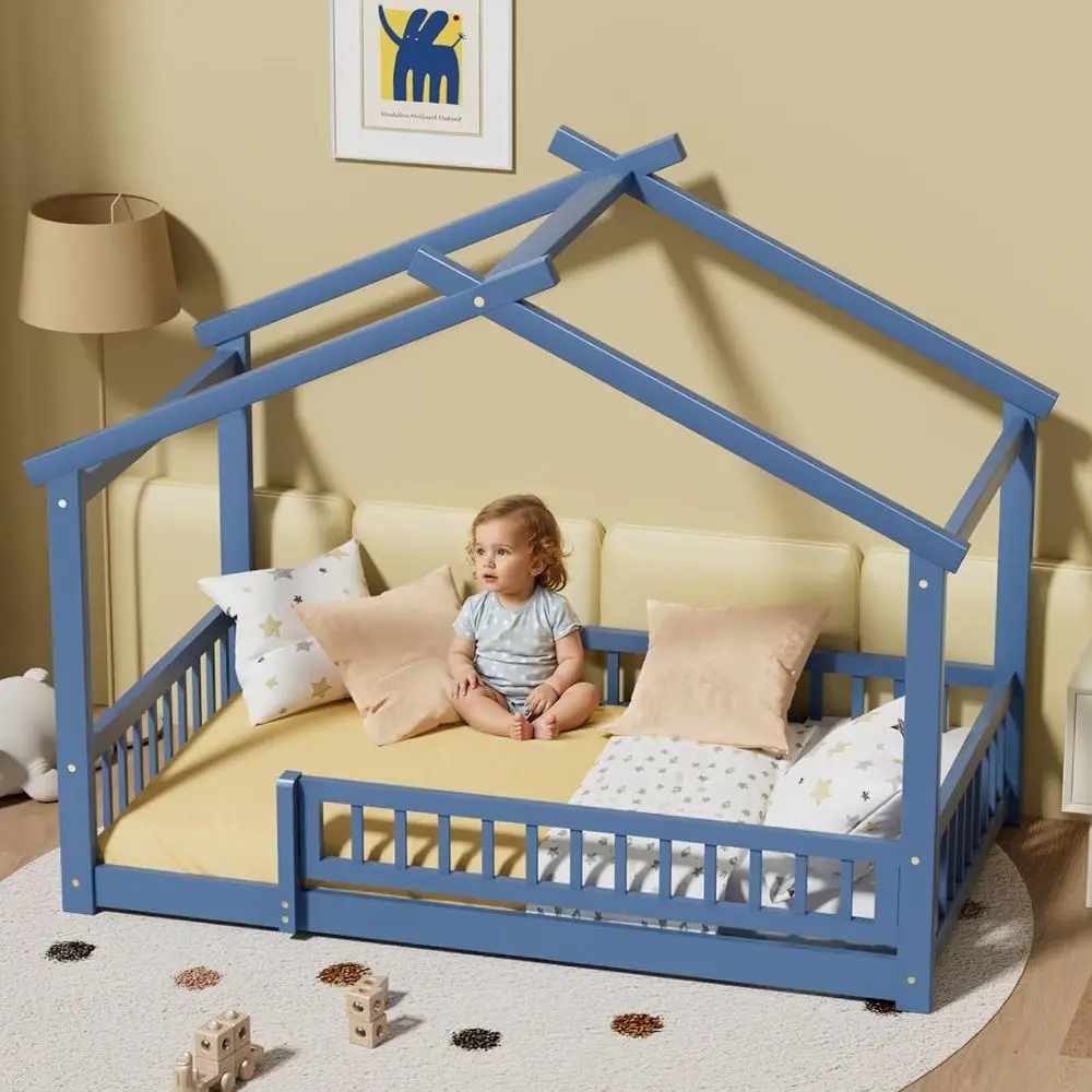 

Montessori Twin Bed Frame with Slat Support, Wooden Kids Bed in Mist Blue