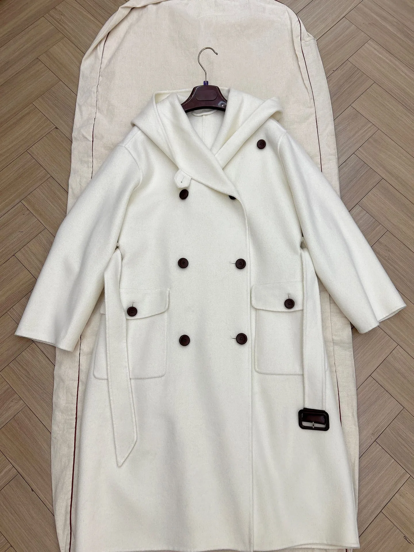 Autumn And Winter High Quality Long Cashmere Hooded Coat For Women Double Breasted Loose