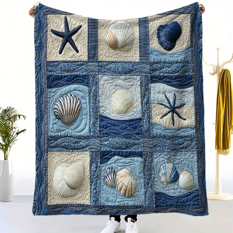 [1 Stück Vintage-Decke] Cozy Vintage Nautical 1 Stück Seestern und Muschel-Patchwork-Flanelldecke |   Weicher Strickstoff aus Polyester
