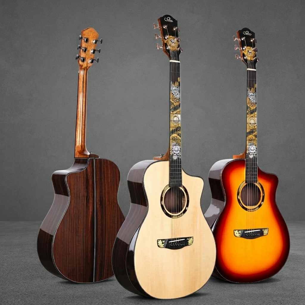 All-Solid GA Cutaway Guitar, 20 Frets, Exquisite Inlay, Gloss Finish, Chrome Tuners, 6 Strings for Professional Performan