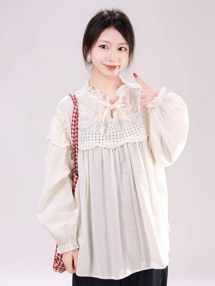 

Sweet Style Plaid Cotton Shirt Women's Spring Season Gingham Pattern Tuck Design Floral Trim Collar Hollow out Long Sleeve Top