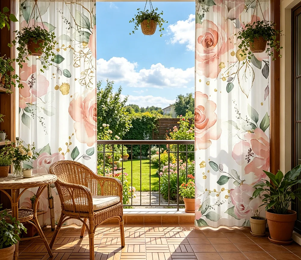 2PCS Digital Printed Sheer Curtain, Peach Rose Flower Print, Soft Romantic Pastel Floral for Living Room Bedroom Home Decor - view 2