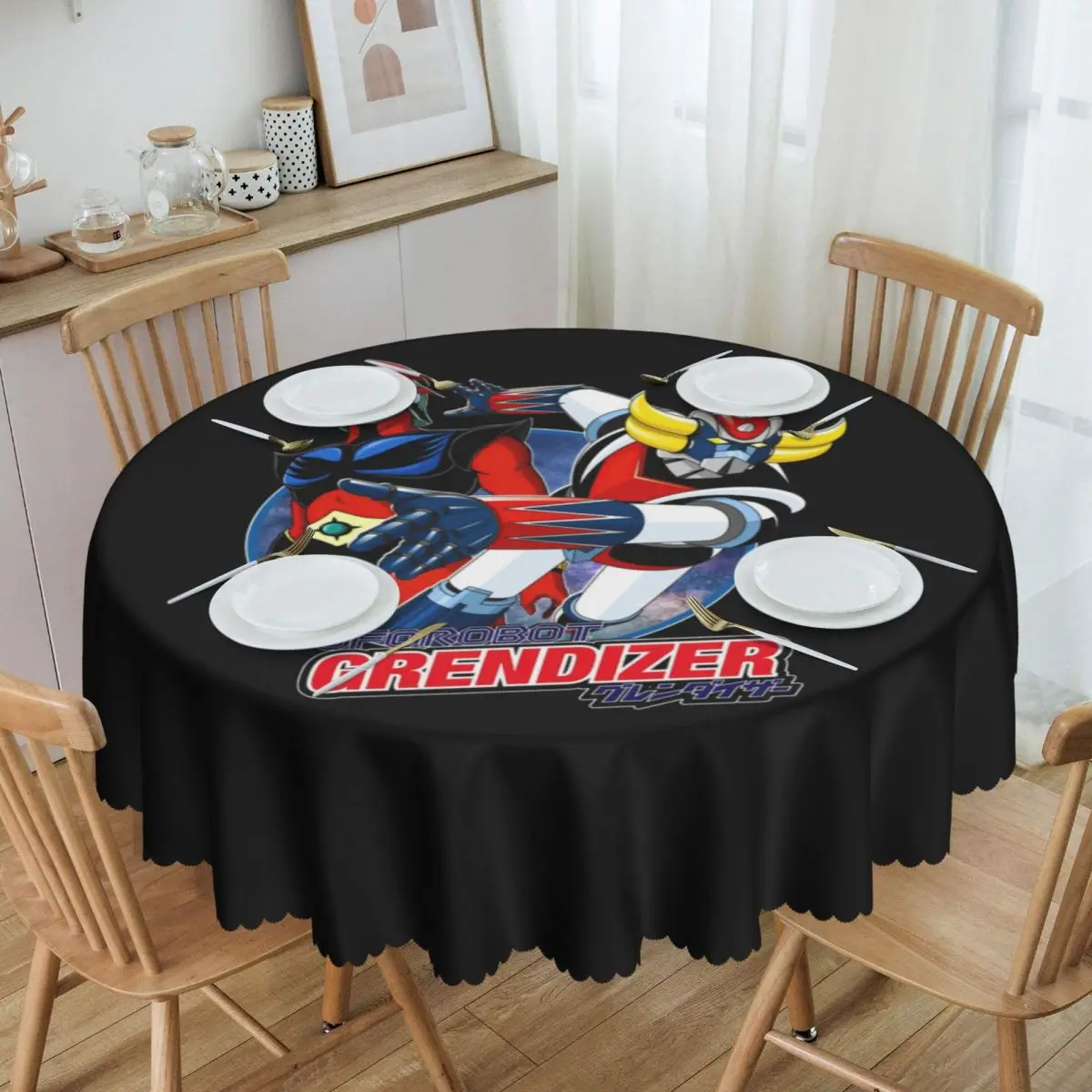 Round Grendizer And Actarus Tablecloth Waterproof Oil-Proof Table Covers 60 inch UFO Robot Goldrake Table Cloth