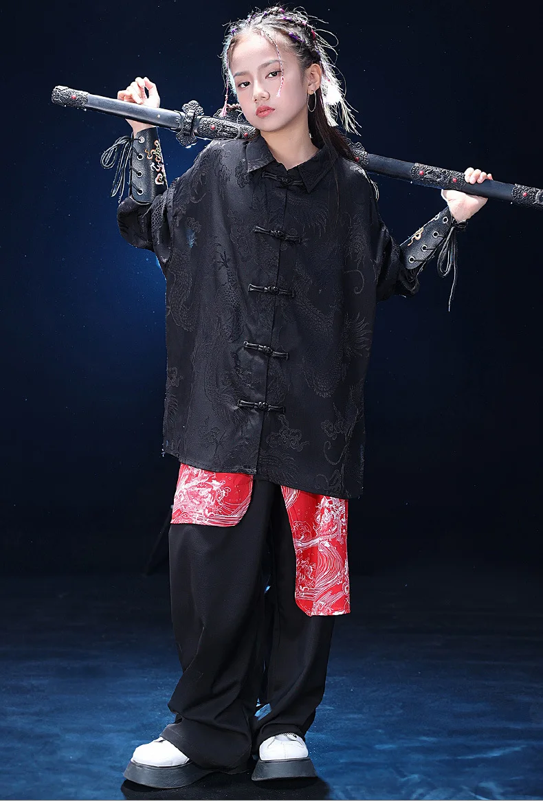 Traditional Chinese Style Tang Suit Set for Children Hip Hop Dance Performance Hanfu Kids Streetwear Kung Fu Tai Chi Oriental