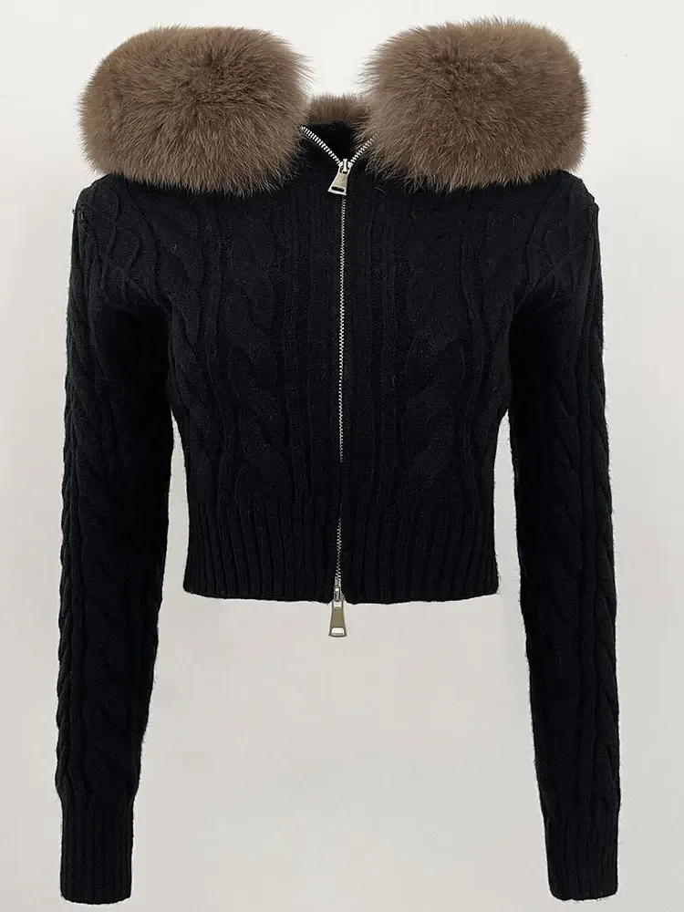 2025 nouveau printemps automne femmes court mince col de fourrure tricots solide réel fourrure de renard pull recadrée tricoté Cardigan femme